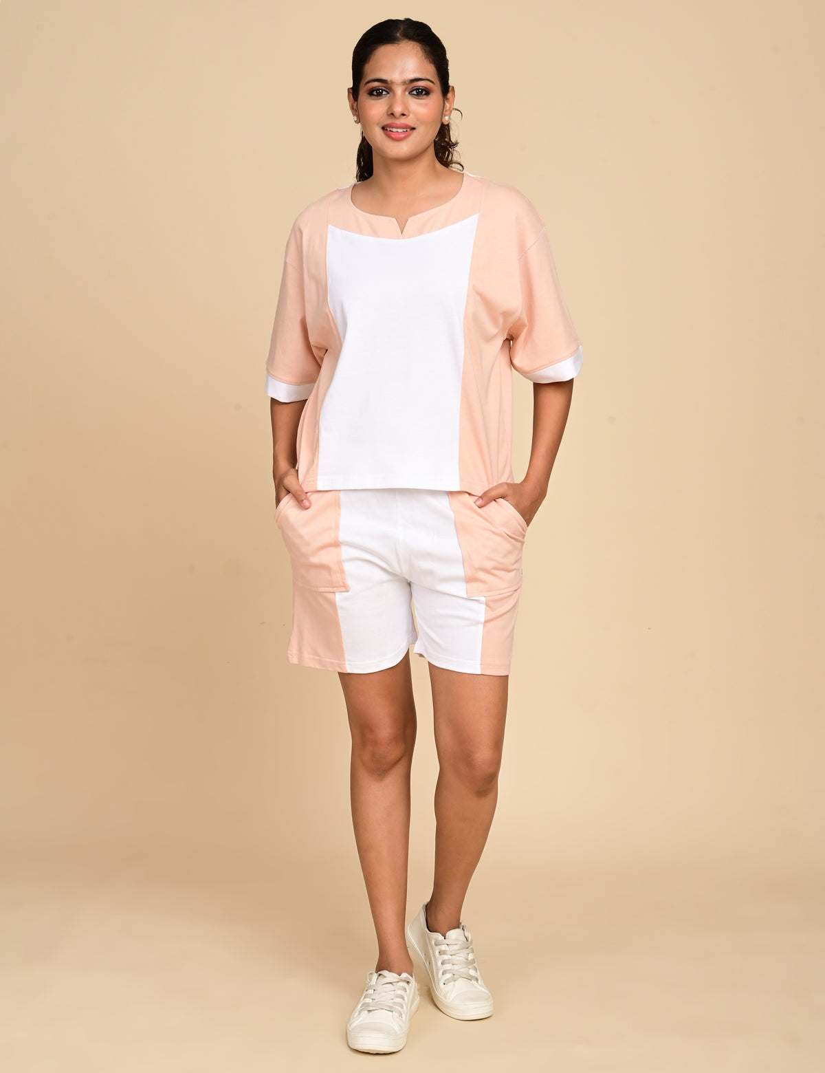 Women's Split V-Neck Colorblock Cotton Loungewear Set