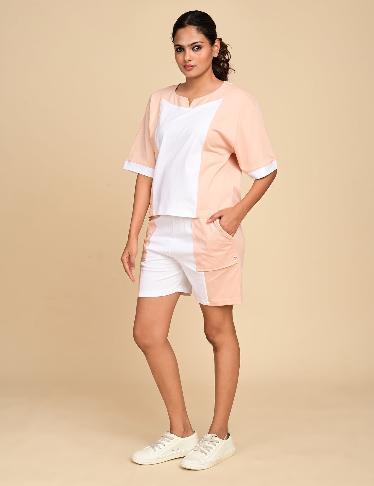 Women's Split V-Neck Colorblock Cotton Loungewear Set