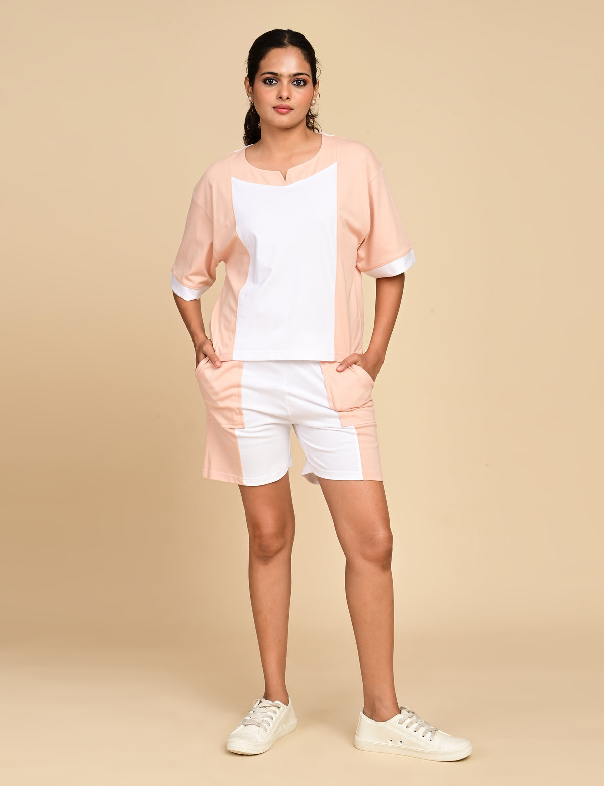 Women's Split V-Neck Colorblock Cotton Loungewear Set