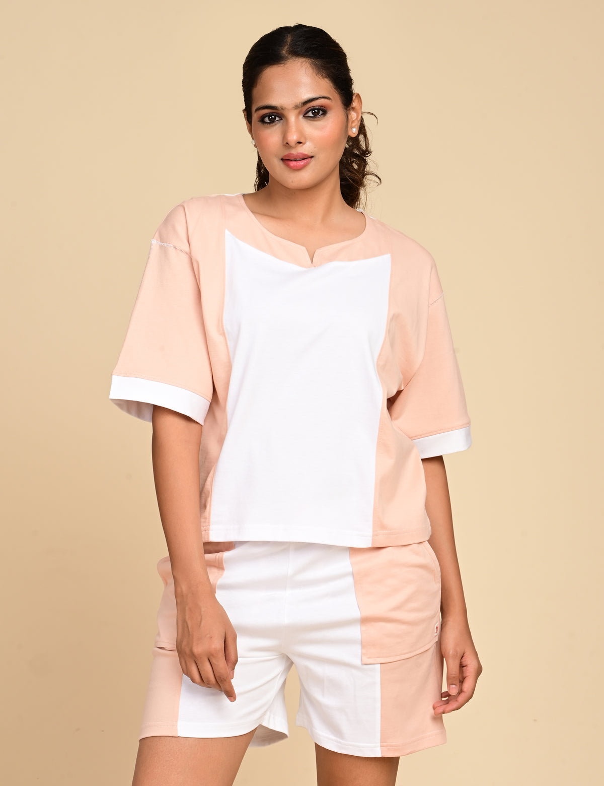 Women's Split V-Neck Colorblock Cotton Loungewear Set