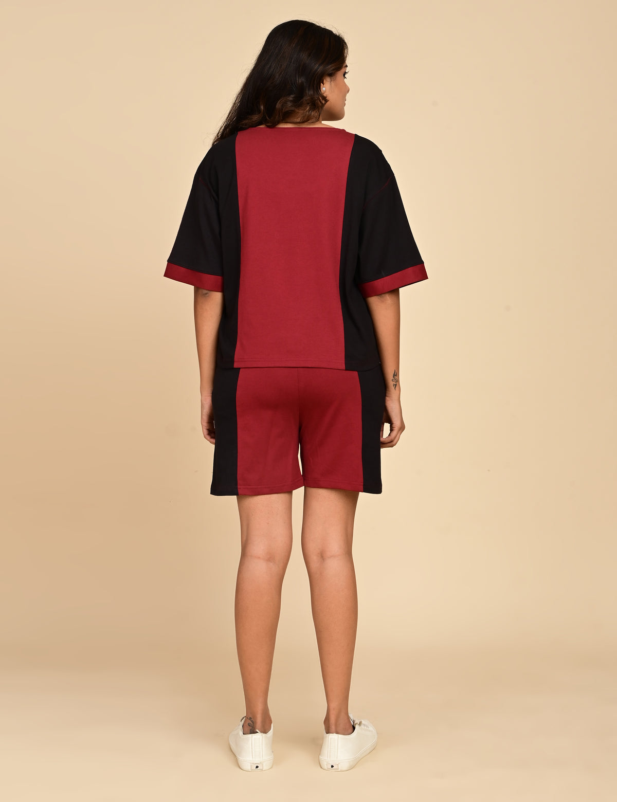 Women's Split V-Neck Colorblock Cotton Loungewear Set