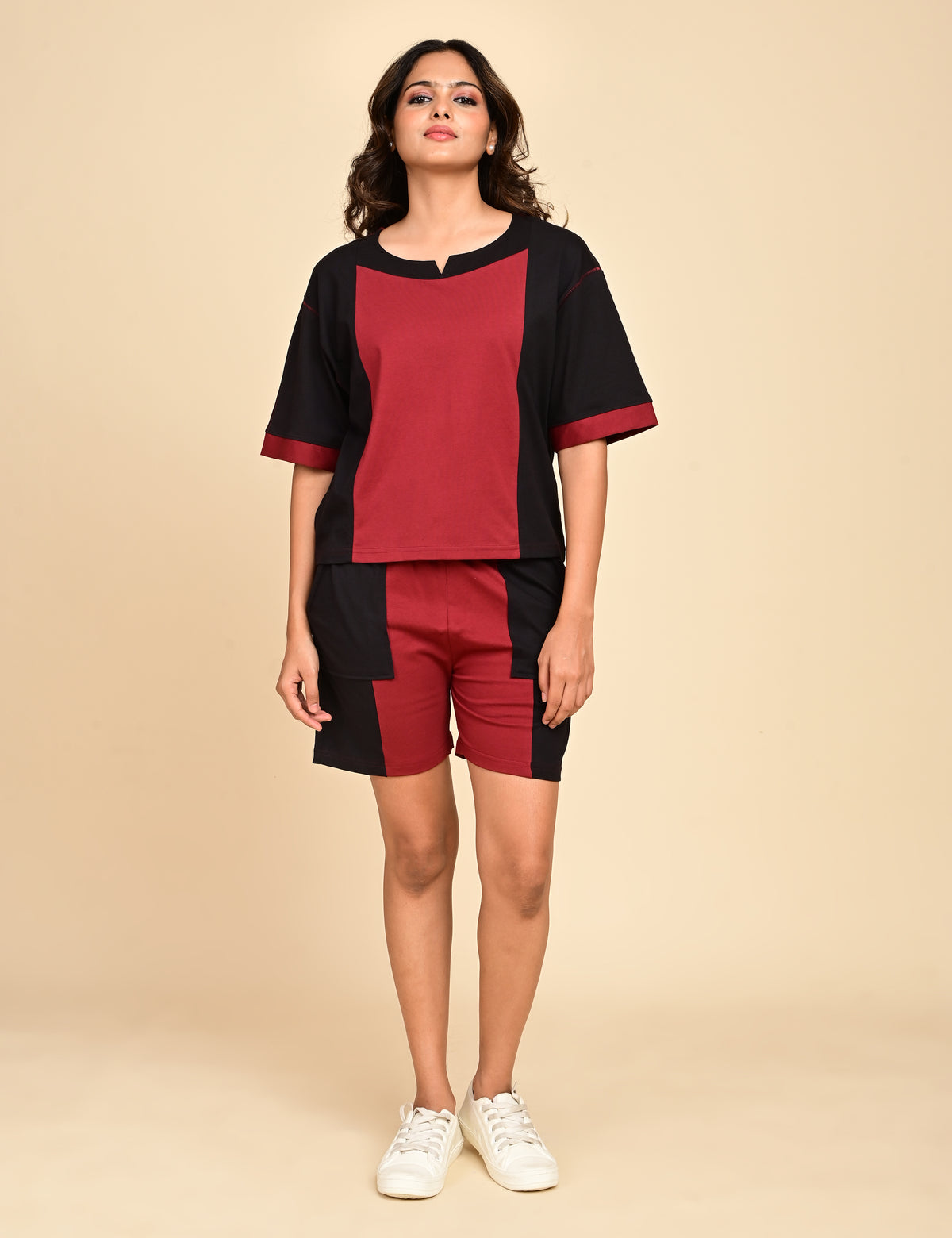 Women's Split V-Neck Colorblock Cotton Loungewear Set