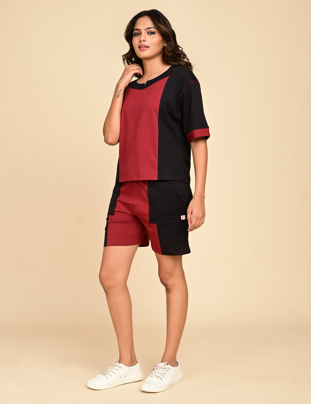 Women's Split V-Neck Colorblock Cotton Loungewear Set