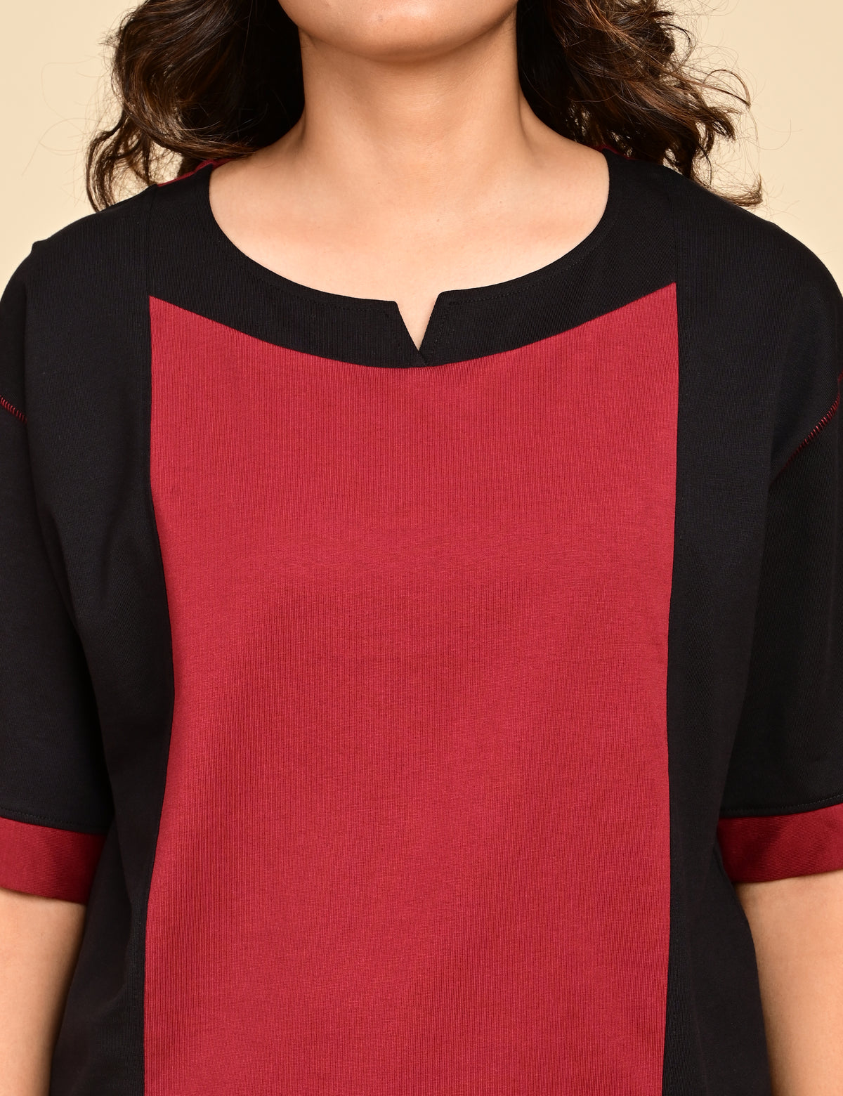 Women's Split V-Neck Colorblock Cotton Loungewear Set