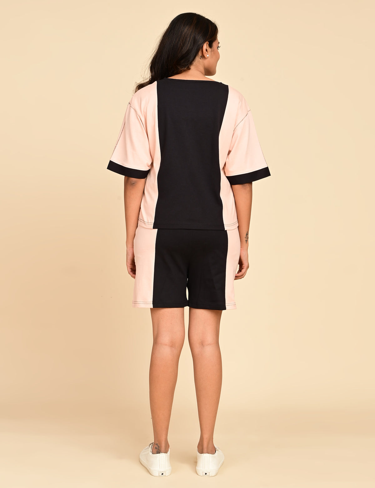 Women's Split V-Neck Colorblock Cotton Loungewear Set