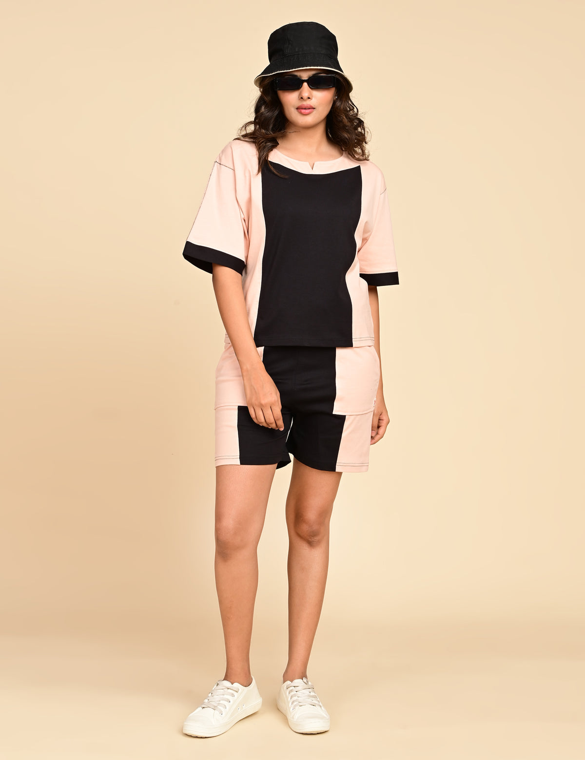 Women's Split V-Neck Colorblock Cotton Loungewear Set
