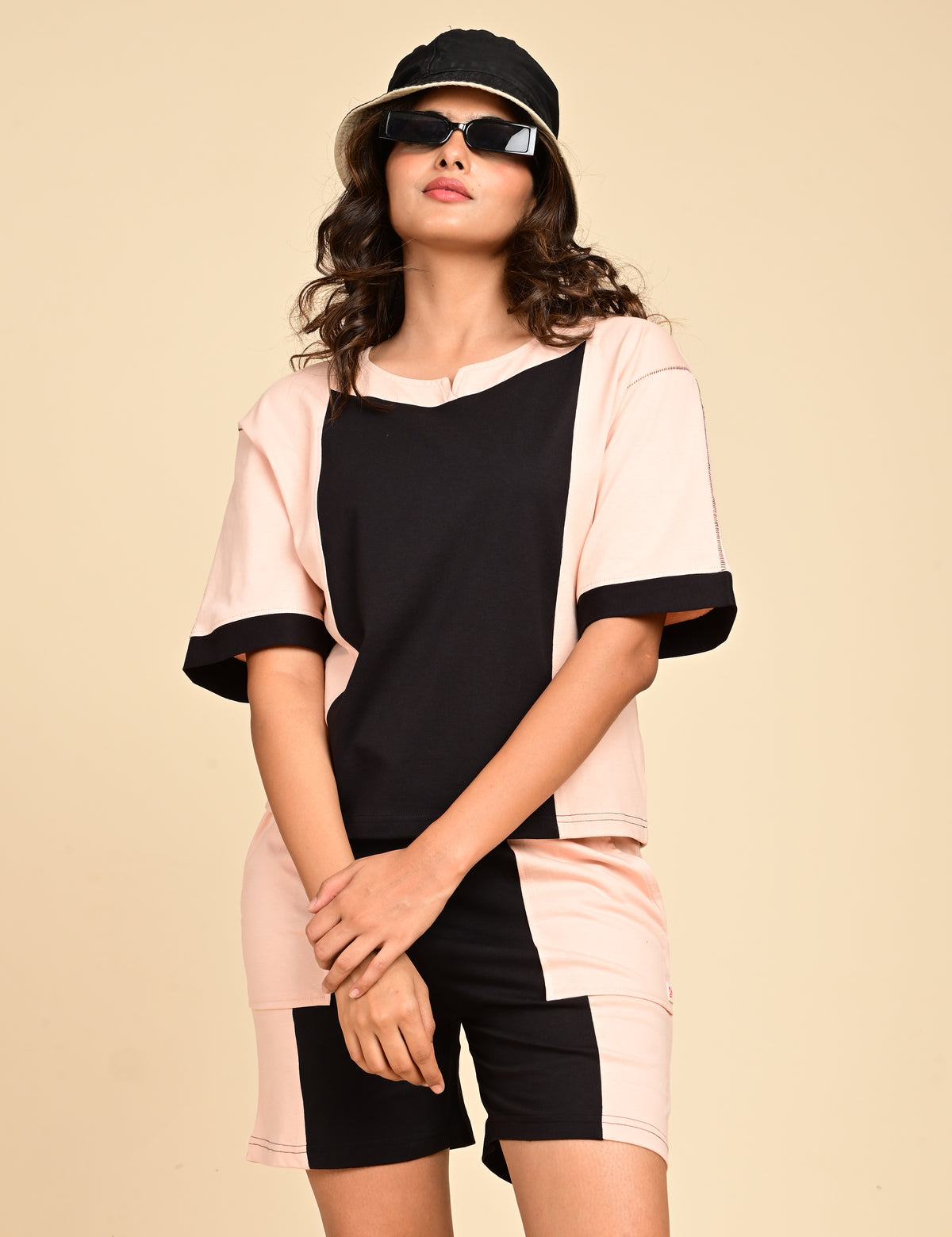 Women's Split V-Neck Colorblock Cotton Loungewear Set