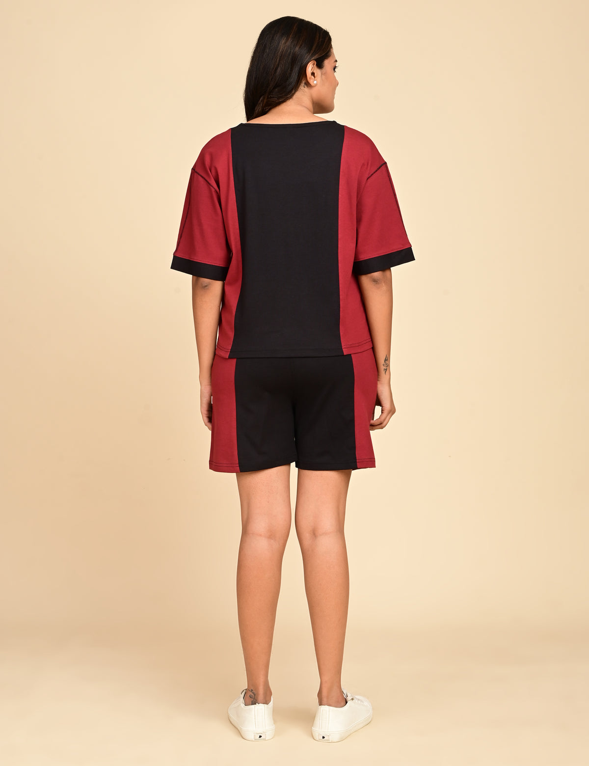 Women's Split V-Neck Colorblock Cotton Loungewear Set
