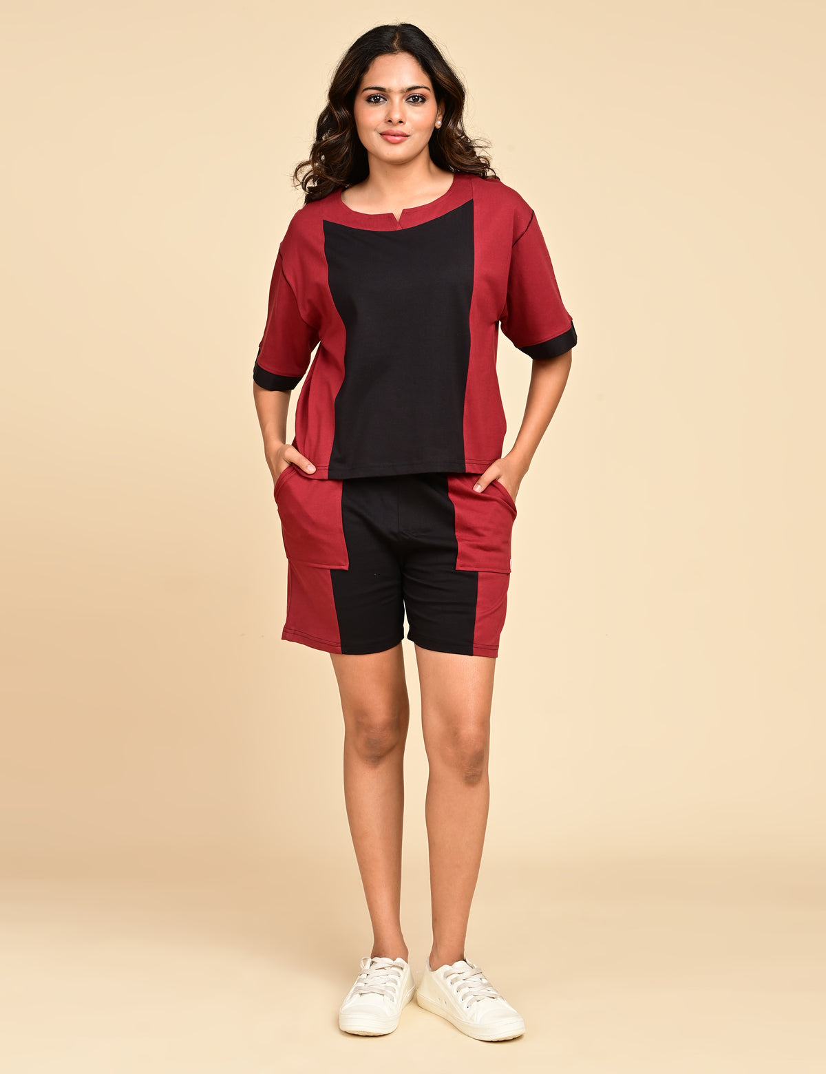 Women's Split V-Neck Colorblock Cotton Loungewear Set