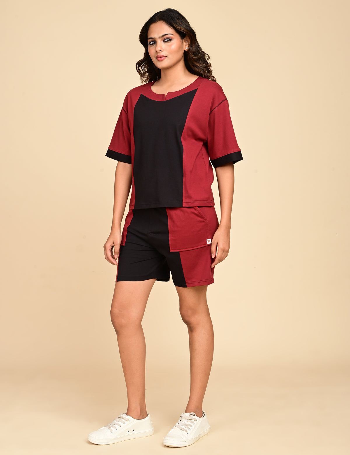 Women's Split V-Neck Colorblock Cotton Loungewear Set