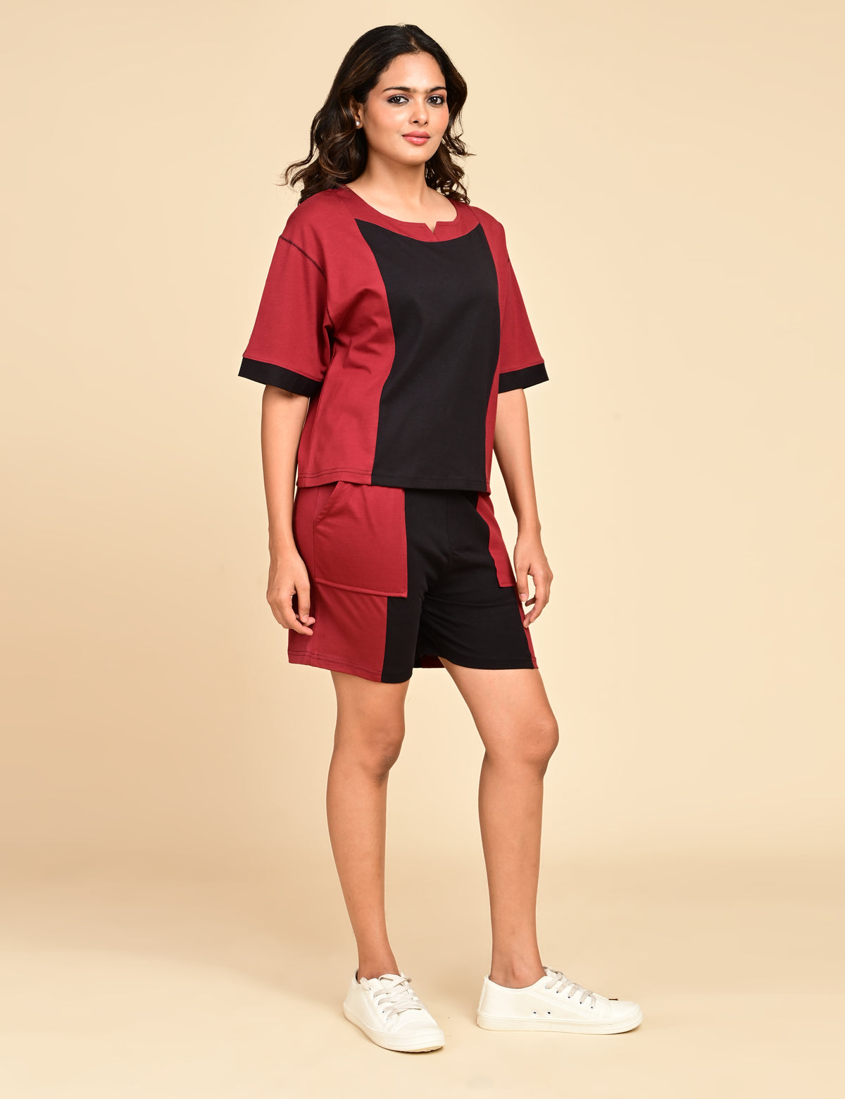 Women's Split V-Neck Colorblock Cotton Loungewear Set