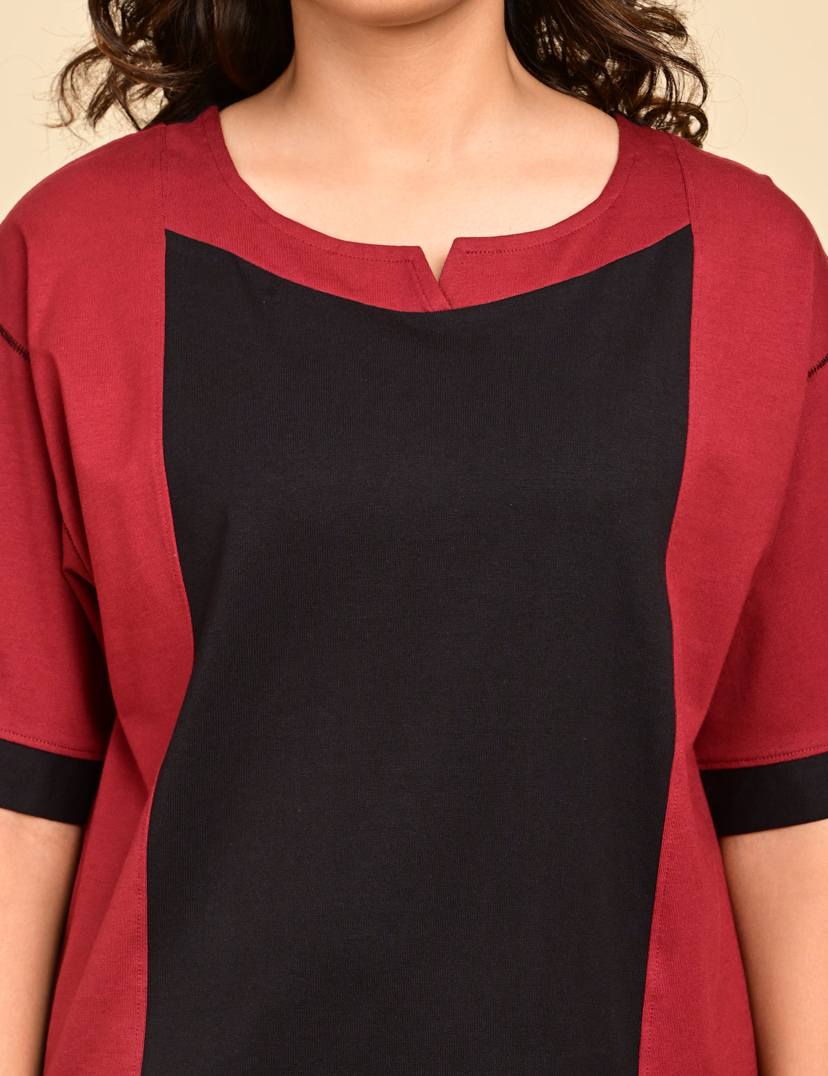 Women's Split V-Neck Colorblock Cotton Loungewear Set