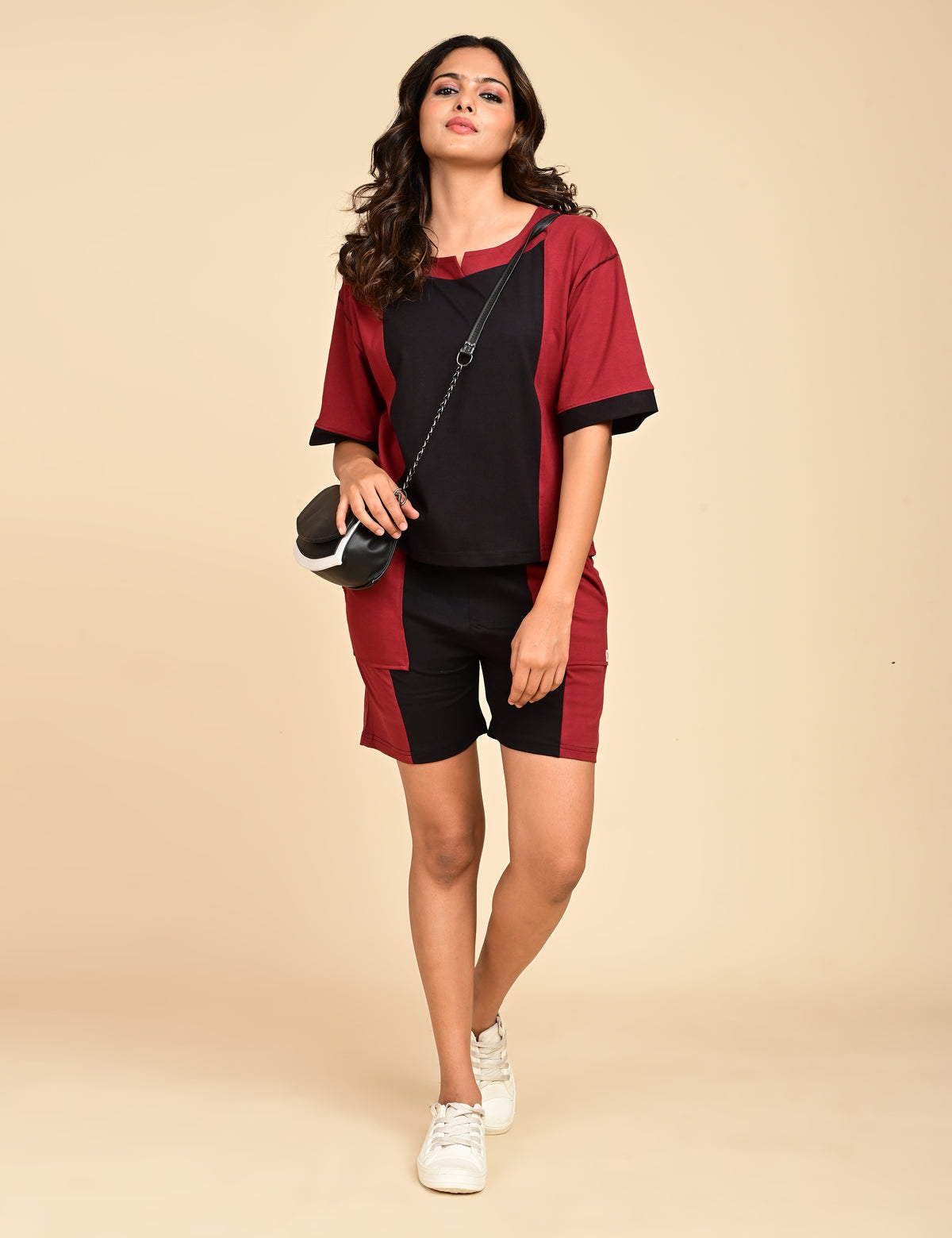 Women's Split V-Neck Colorblock Cotton Loungewear Set