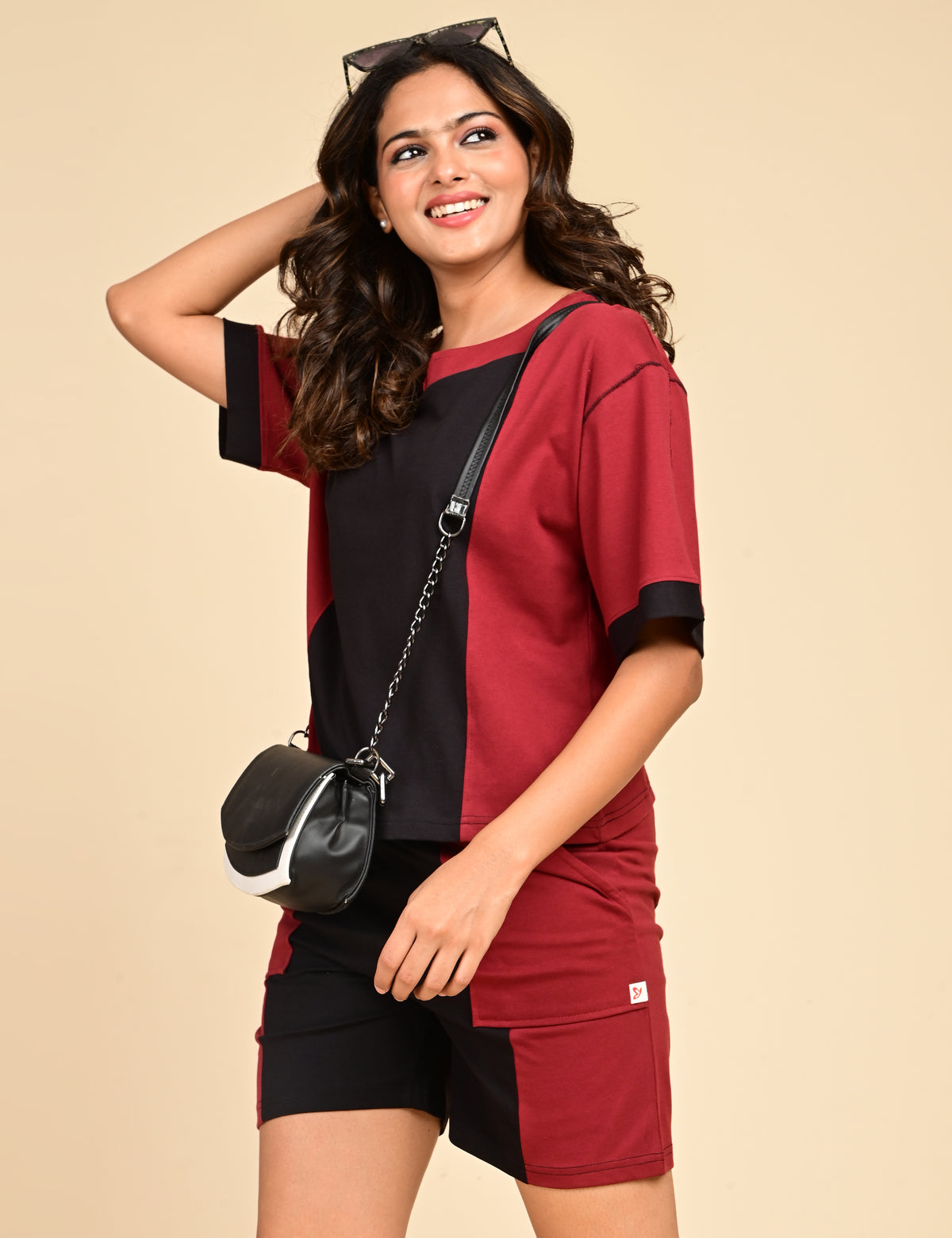 Women's Split V-Neck Colorblock Cotton Loungewear Set