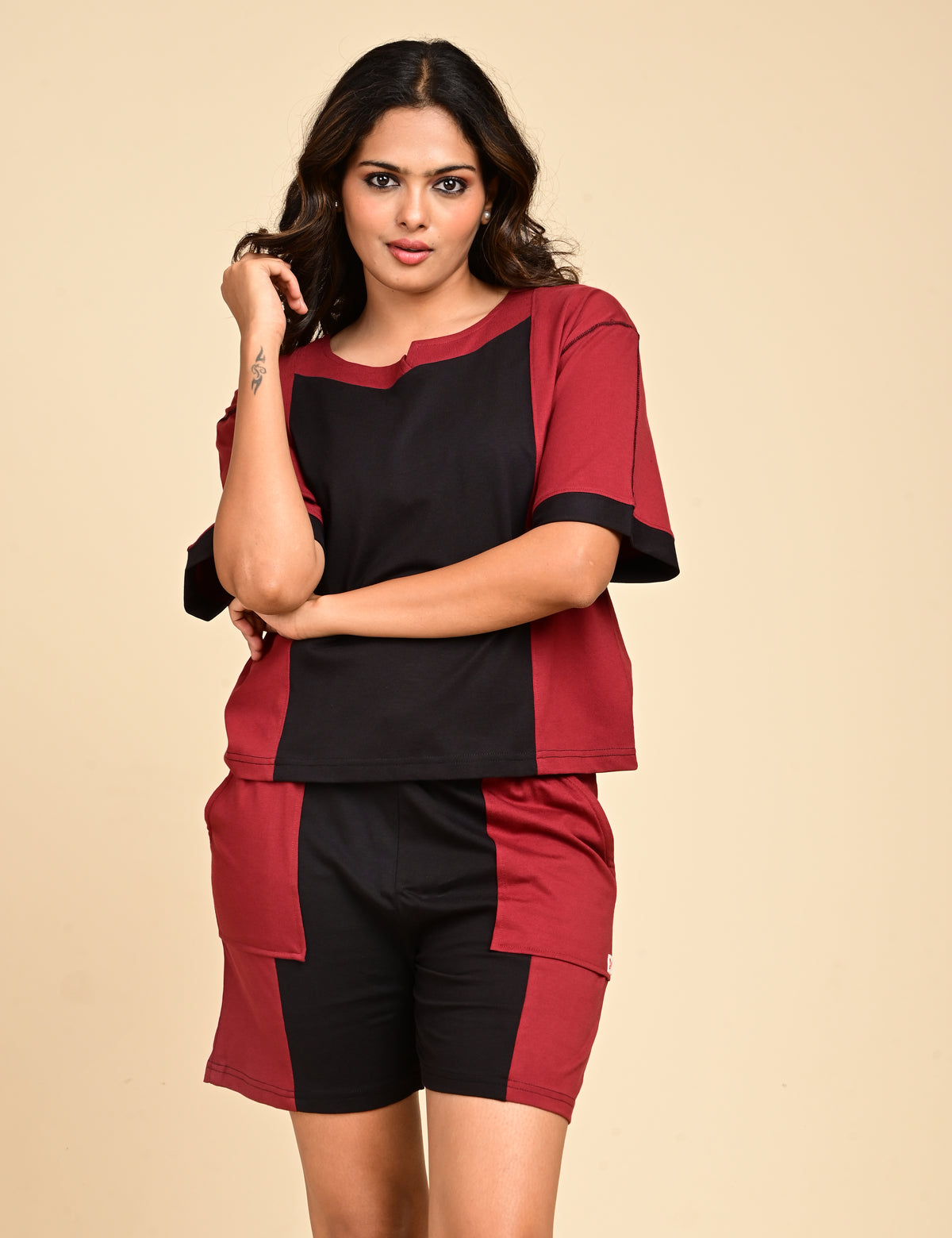 Women's Split V-Neck Colorblock Cotton Loungewear Set