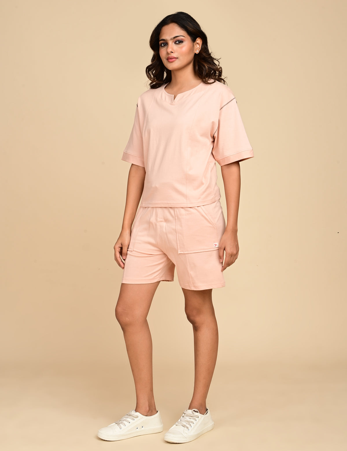 Women's Split V-Neck Colorblock Cotton Loungewear Set