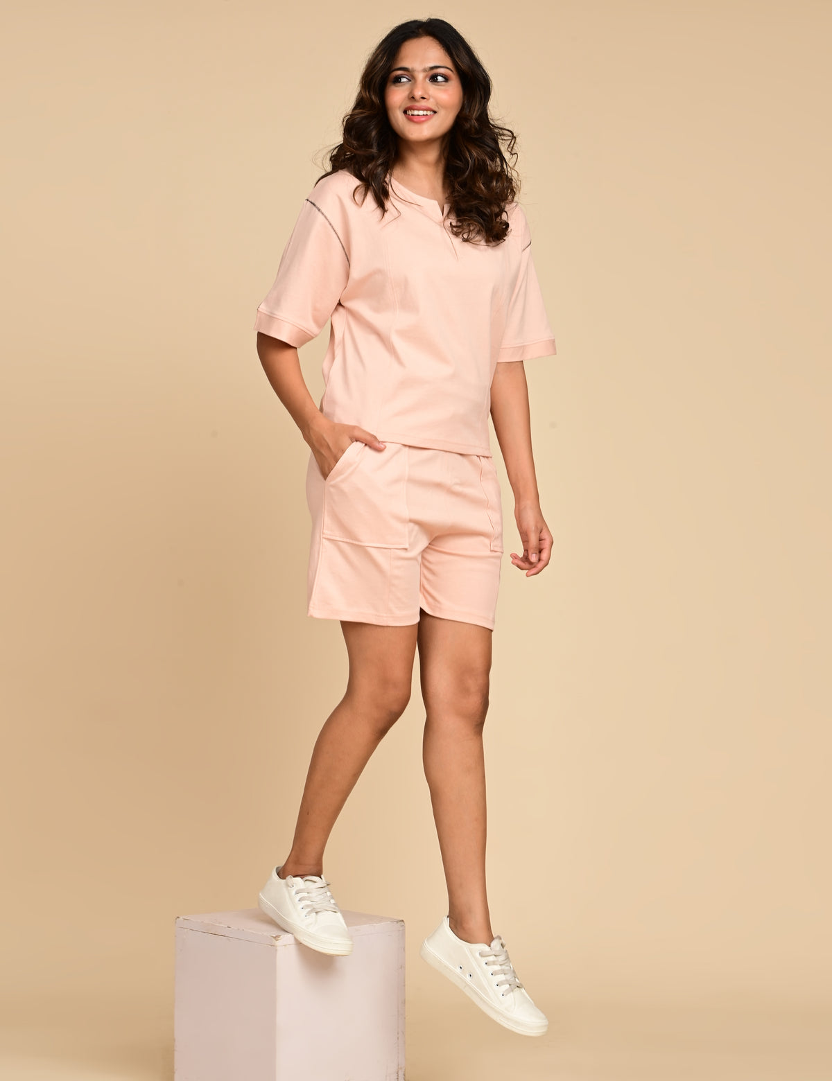 Women's Split V-Neck Colorblock Cotton Loungewear Set