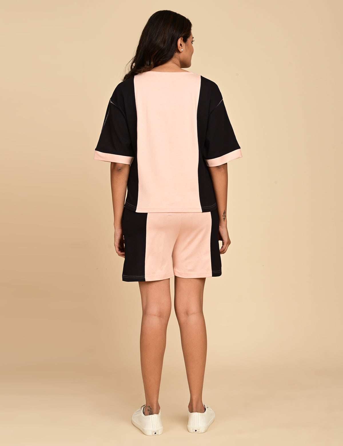 Women's Split V-Neck Colorblock Cotton Loungewear Set
