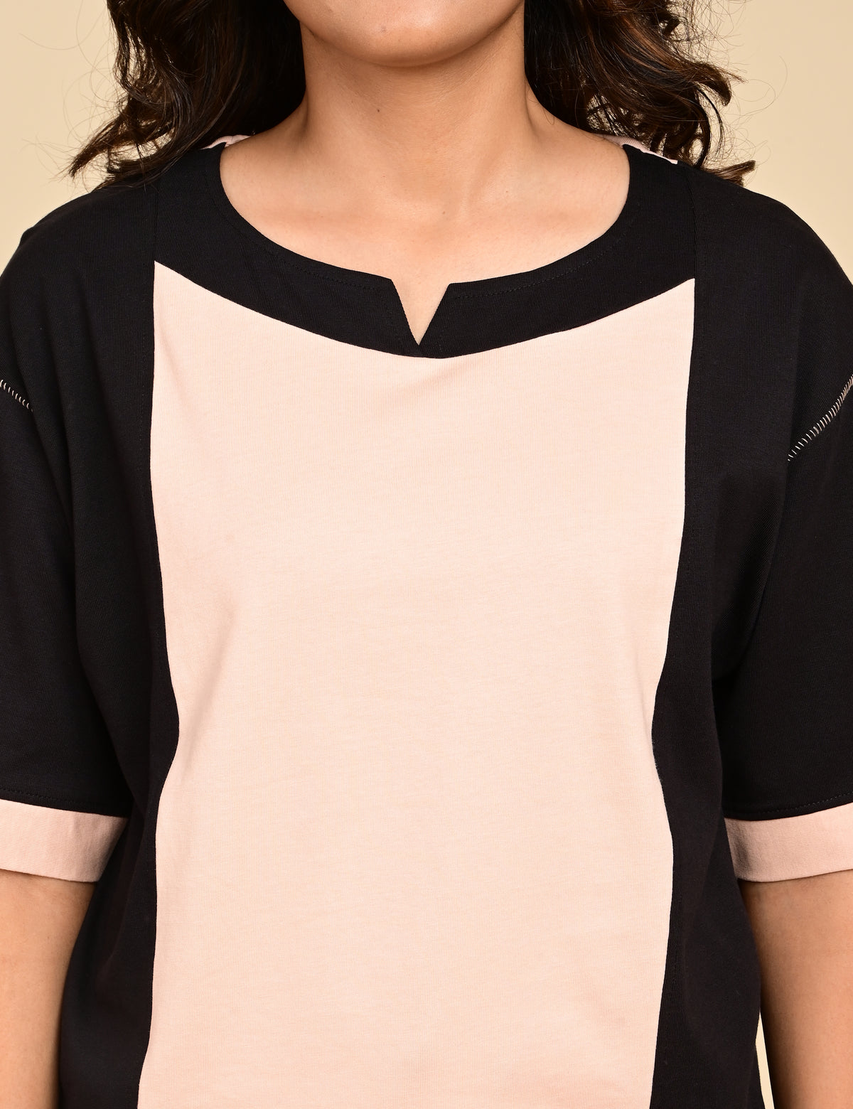 Women's Split V-Neck Colorblock Cotton Loungewear Set