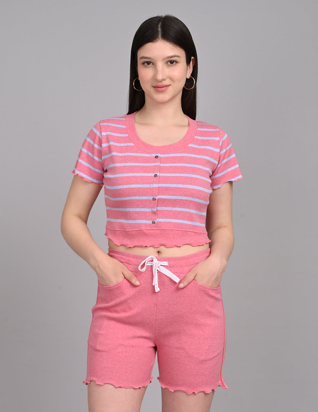 Chic Pink Striped Cotton Lounge Co-ord Set