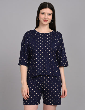 Women's Relaxed Round-Neck All-Over Printed Loungewear Set