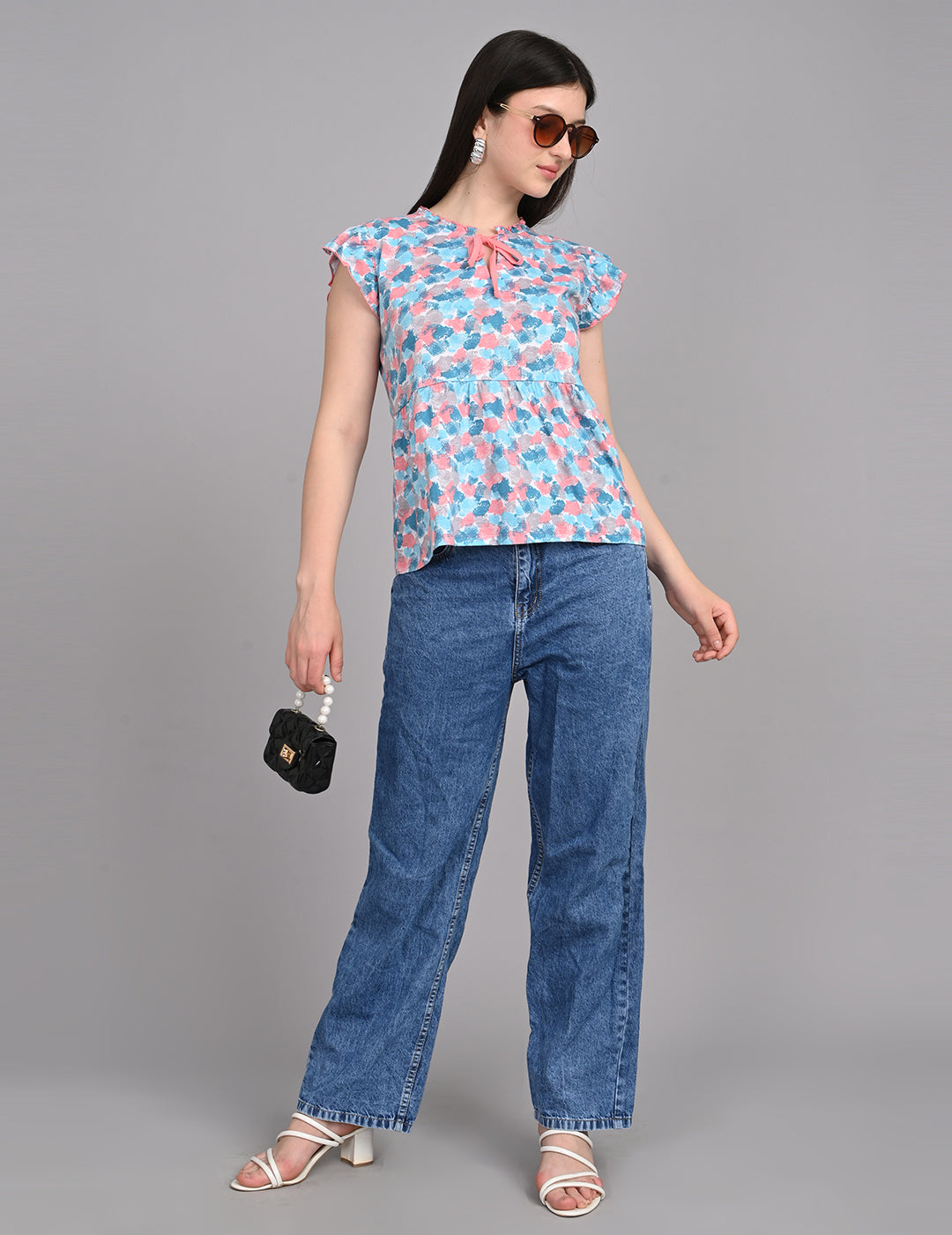 Women's Vintage-Inspired Floral Print Tie-Front Babydoll Top