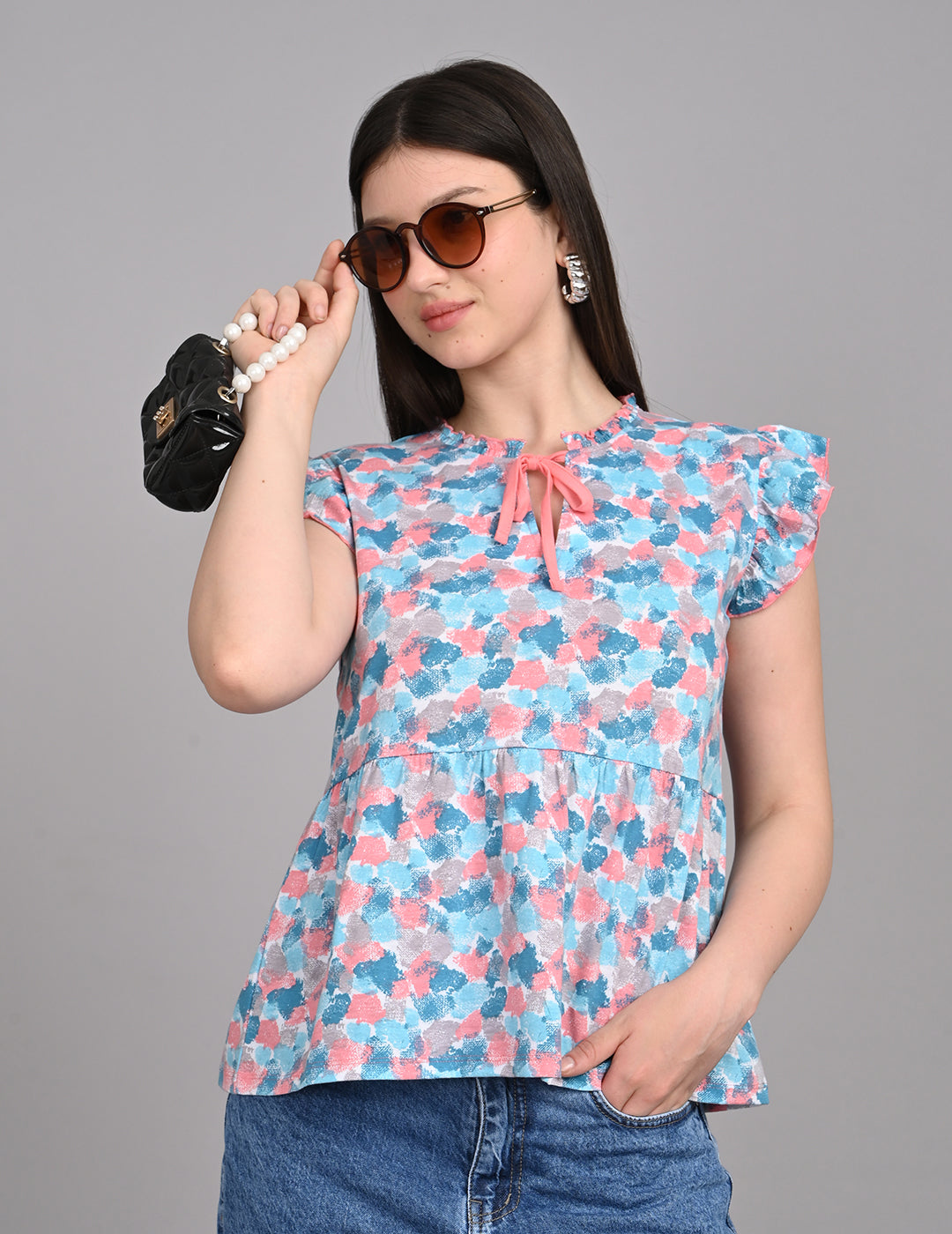 Women's Vintage-Inspired Floral Print Tie-Front Babydoll Top