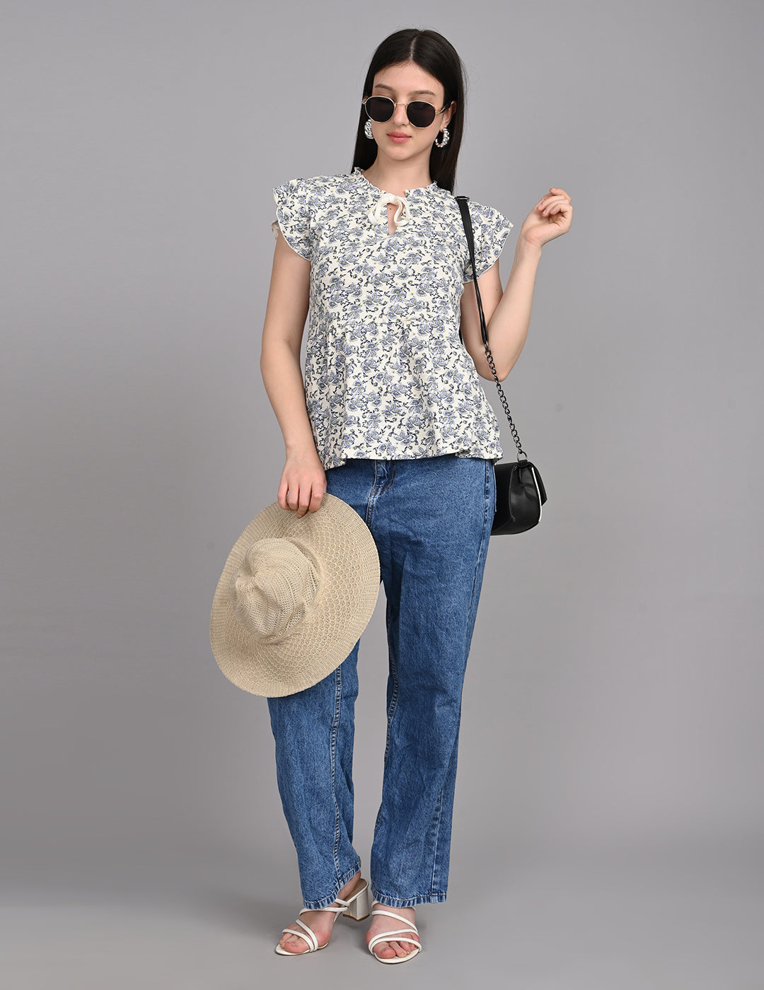 Women's Vintage-Inspired Floral Print Tie-Front Babydoll Top