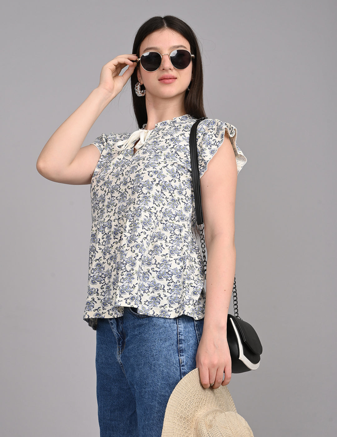 Women's Vintage-Inspired Floral Print Tie-Front Babydoll Top