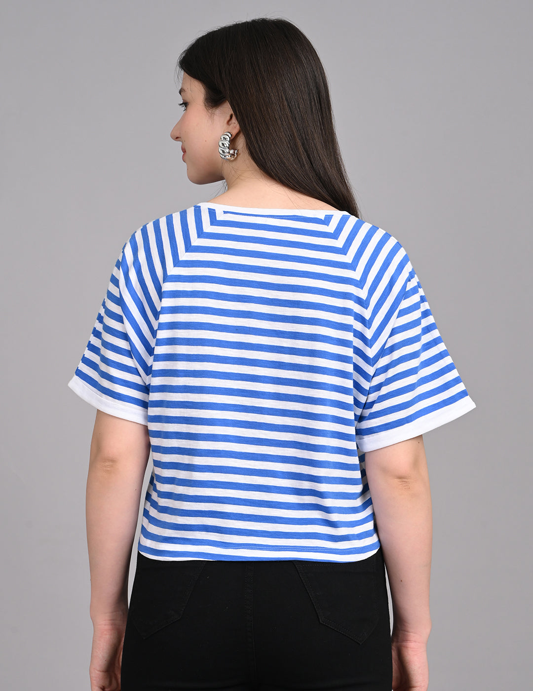 Casual Nautical Striped Short-Sleeve Relaxed Crop Top