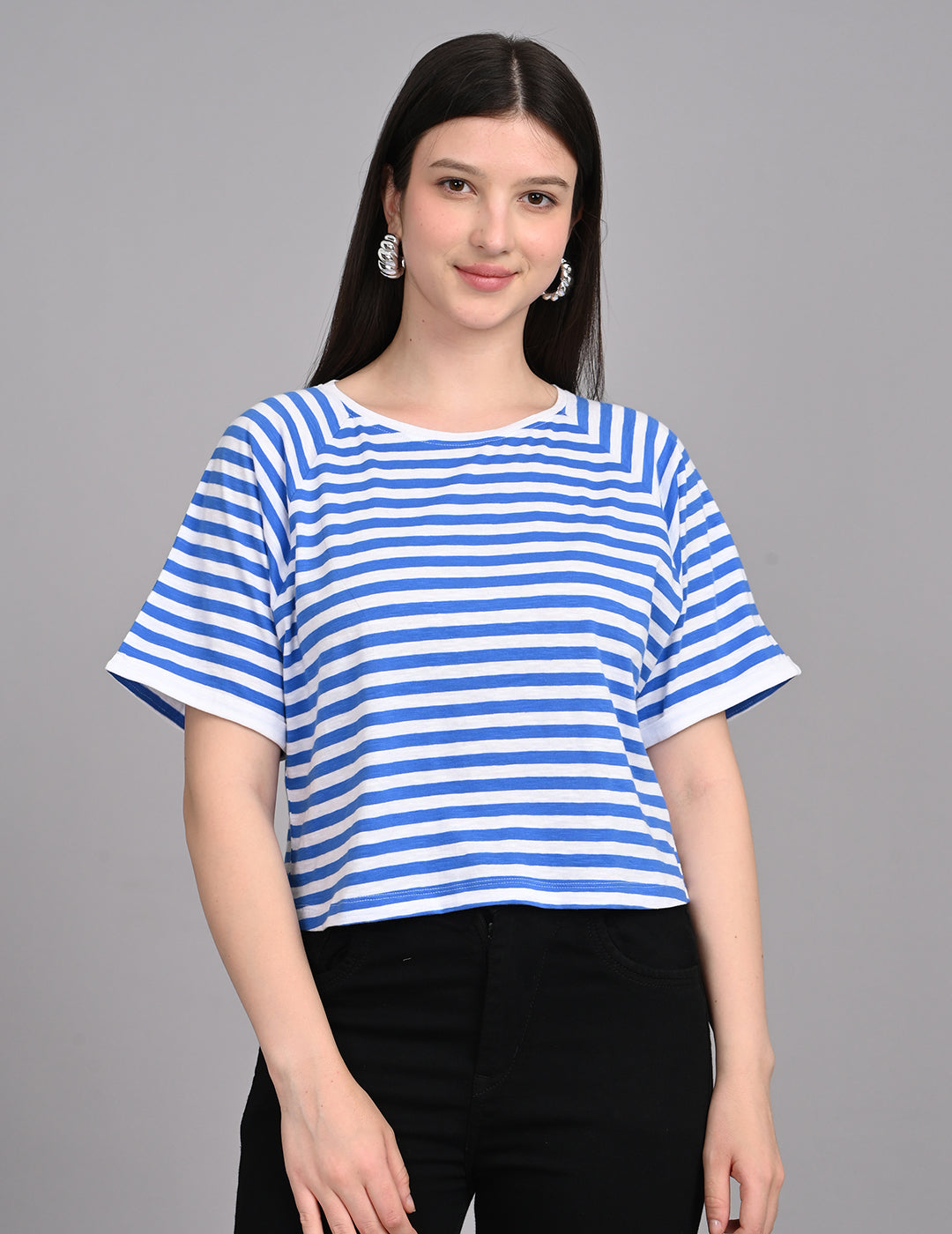 Casual Nautical Striped Short-Sleeve Relaxed Crop Top