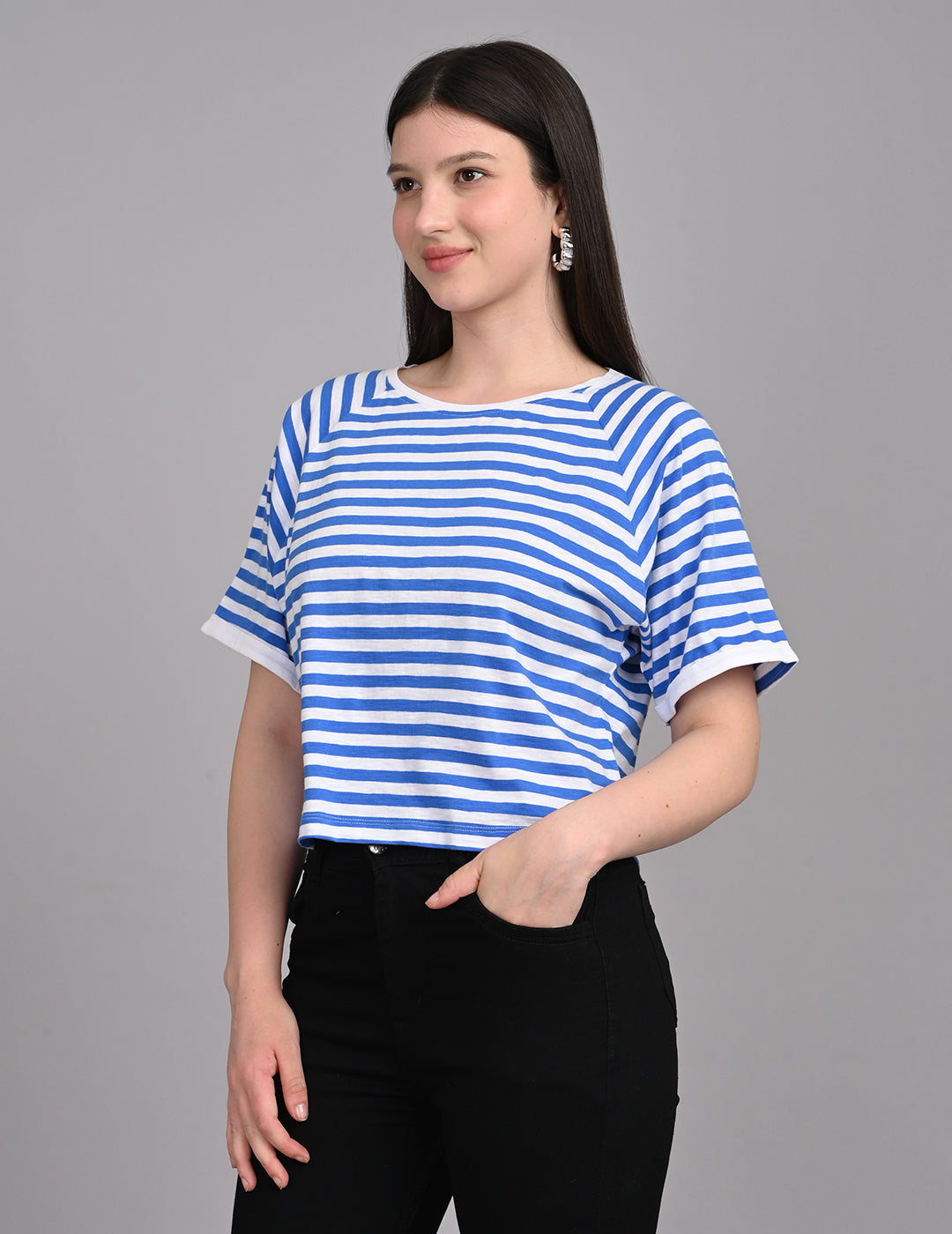 Casual Nautical Striped Short-Sleeve Relaxed Crop Top