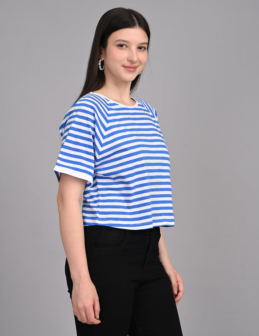 Casual Nautical Striped Short-Sleeve Relaxed Crop Top