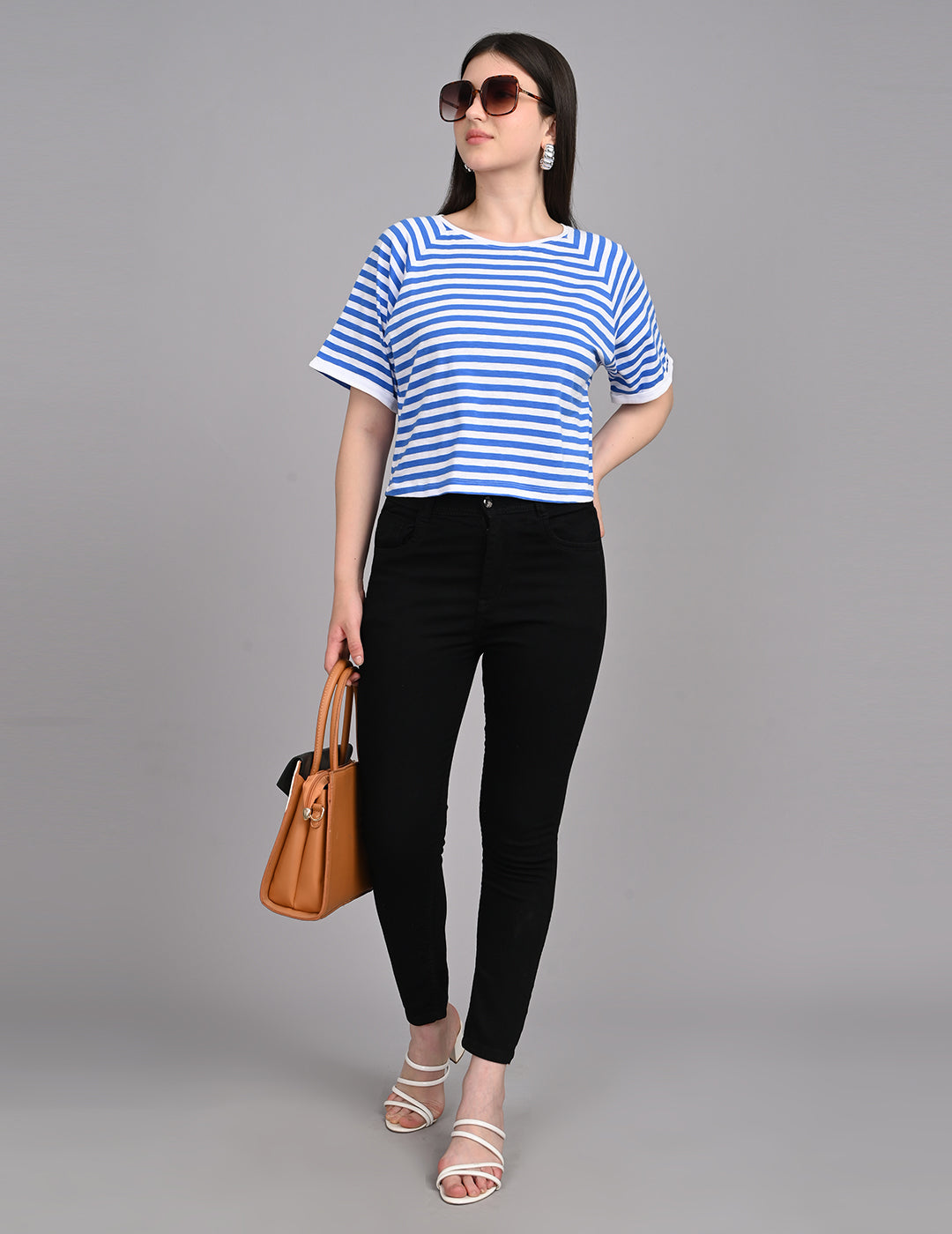 Casual Nautical Striped Short-Sleeve Relaxed Crop Top