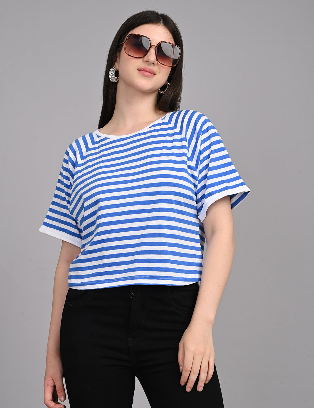Casual Nautical Striped Short-Sleeve Relaxed Crop Top