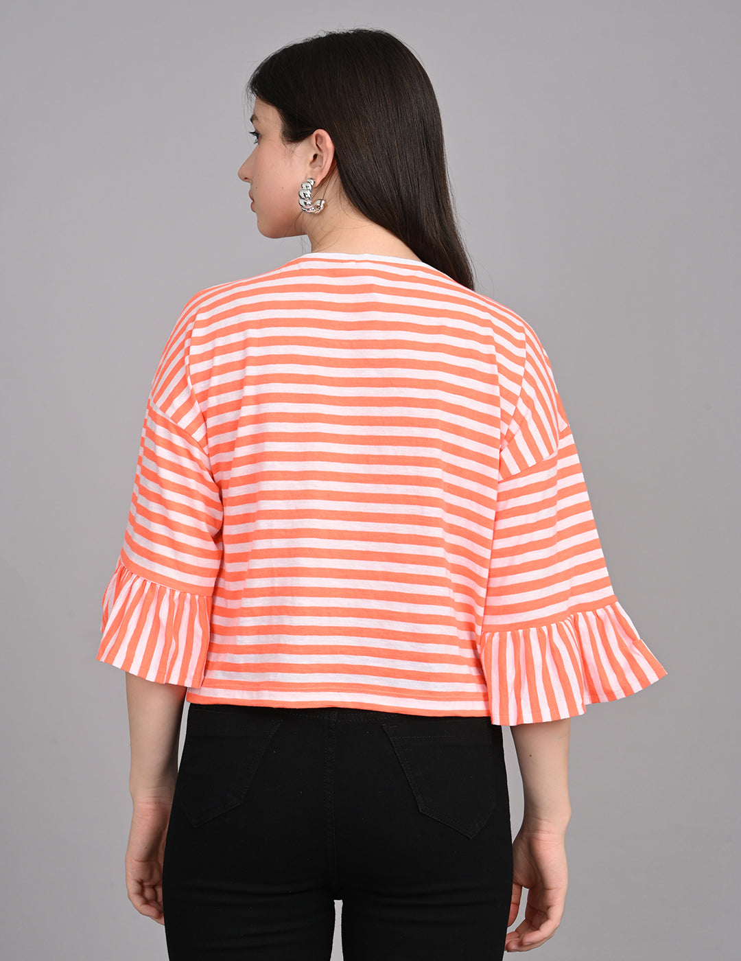 Women's Round-Neck Striped Cotton Top with Ruffled Cuffs