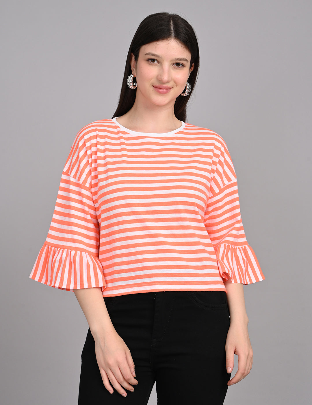 Women's Round-Neck Striped Cotton Top with Ruffled Cuffs