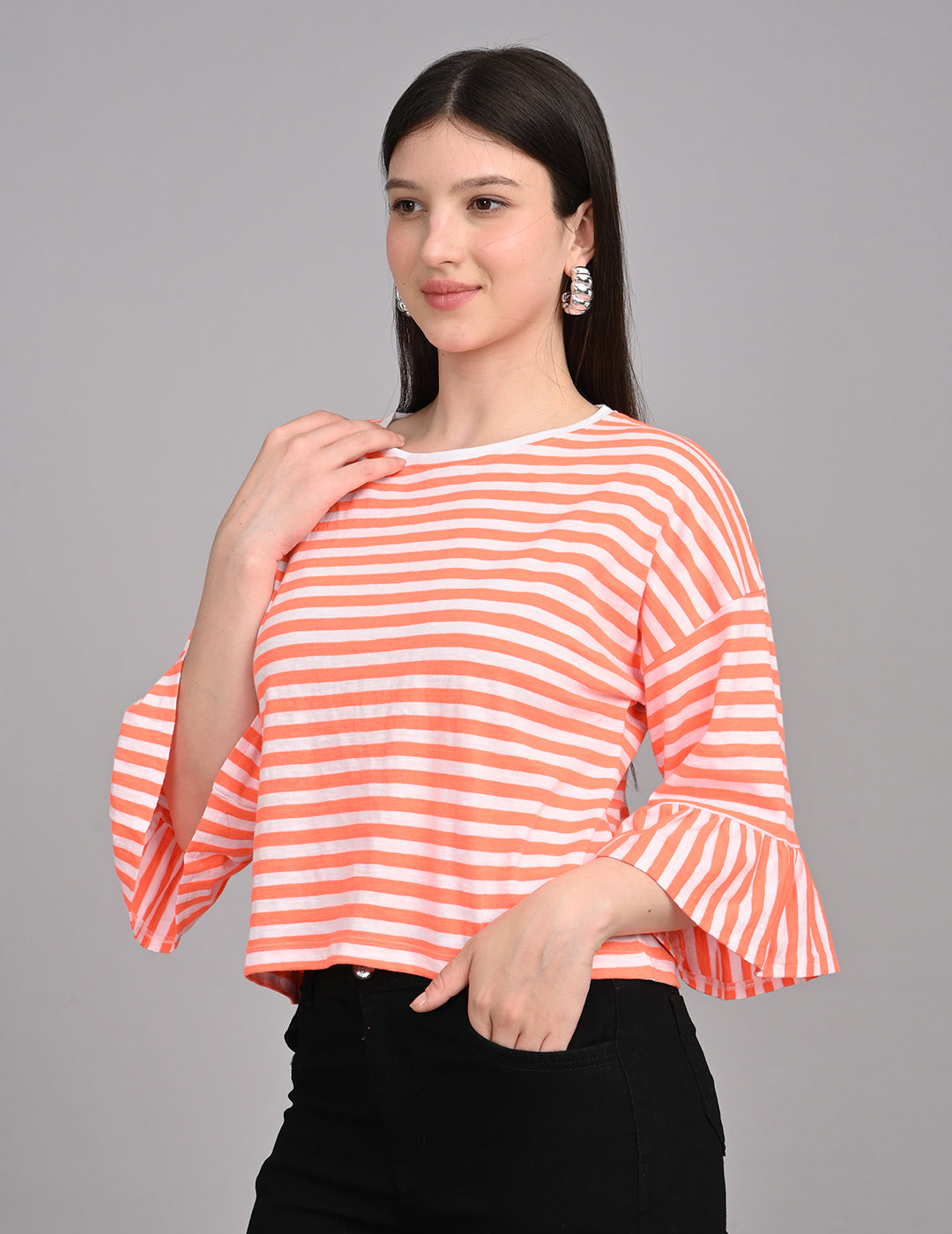Women's Round-Neck Striped Cotton Top with Ruffled Cuffs