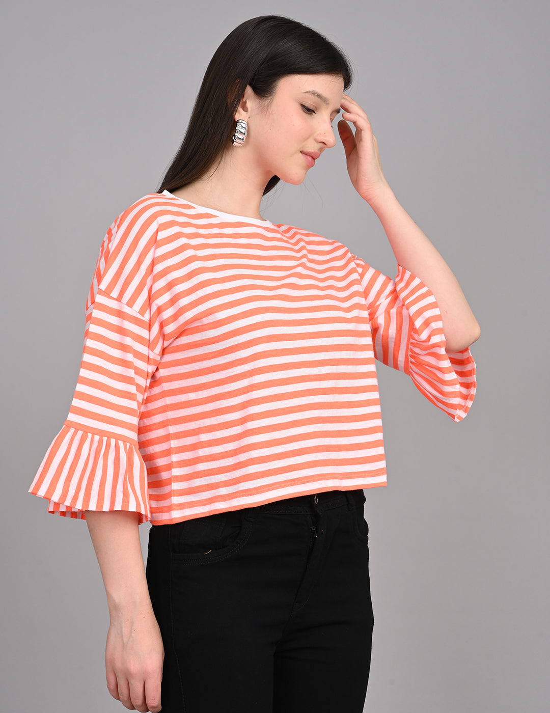 Women's Round-Neck Striped Cotton Top with Ruffled Cuffs