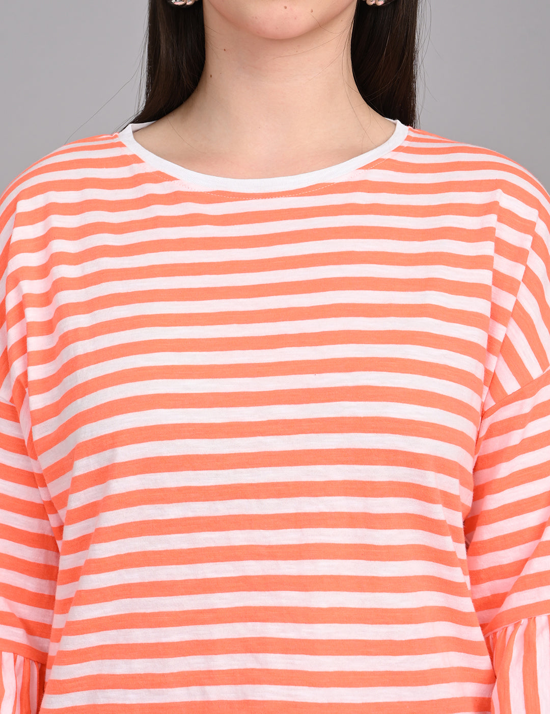 Women's Round-Neck Striped Cotton Top with Ruffled Cuffs