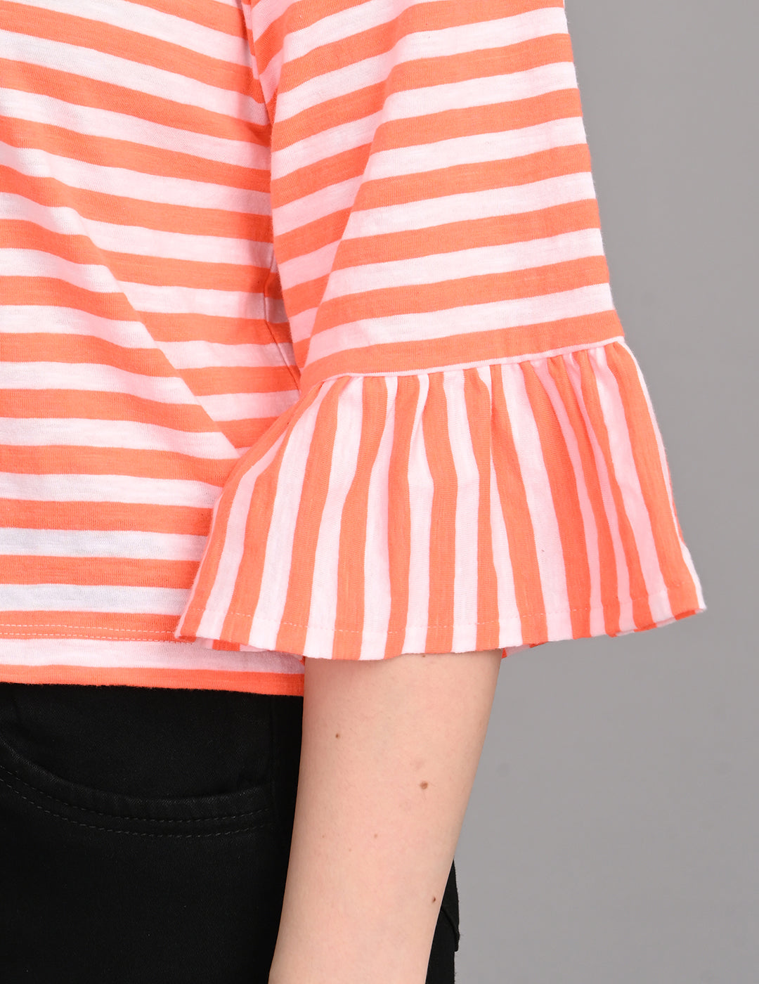 Women's Round-Neck Striped Cotton Top with Ruffled Cuffs