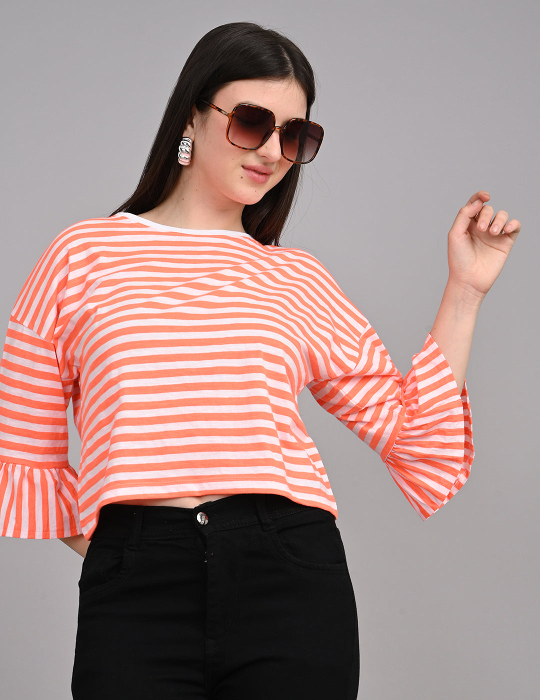 Women's Round-Neck Striped Cotton Top with Ruffled Cuffs