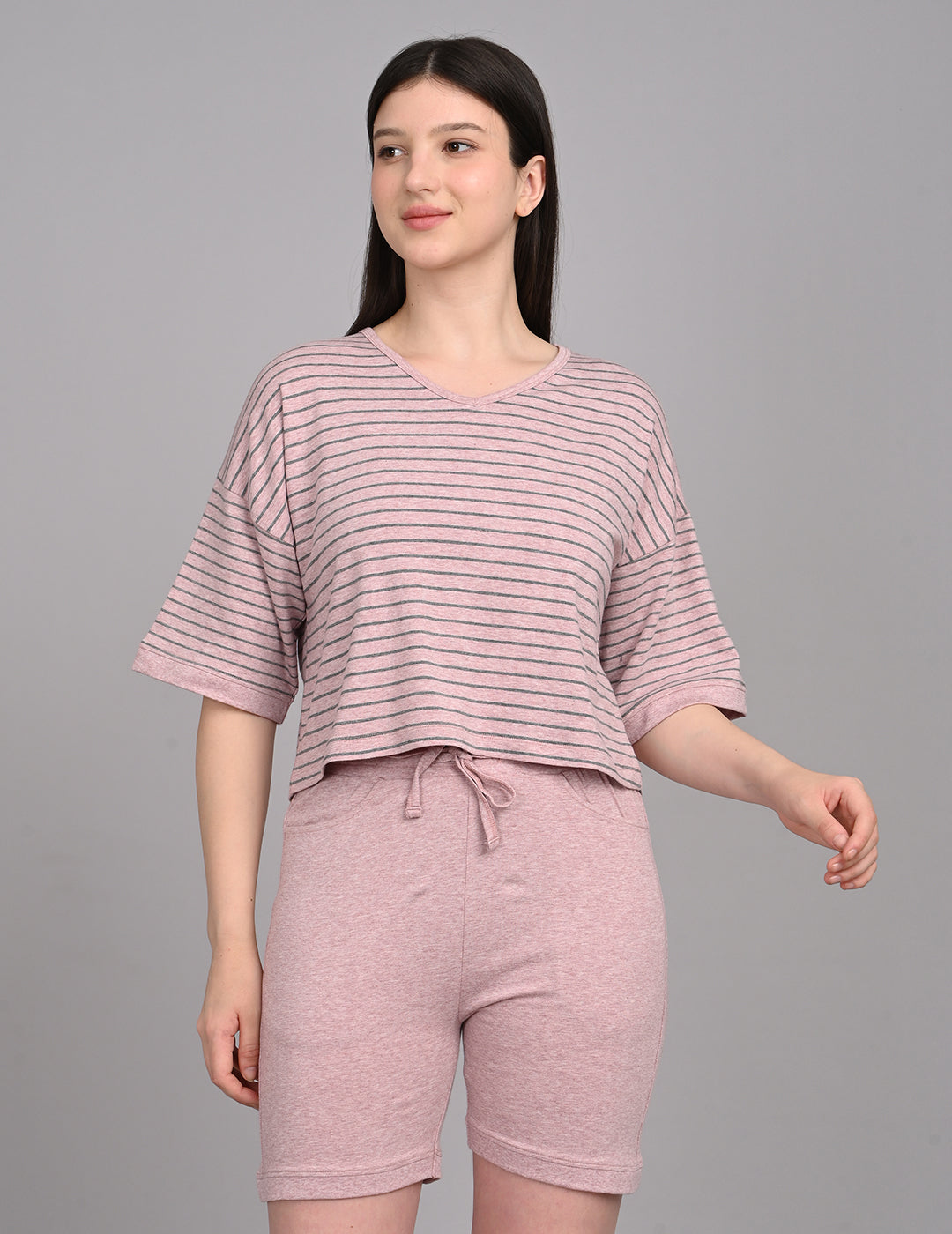 Relaxed Dusty Rose Striped Cotton Lounge Co-ord Set