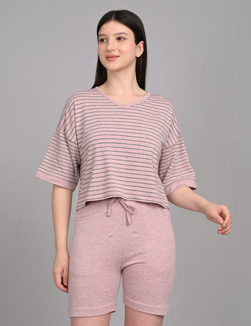 Relaxed Dusty Rose Striped Cotton Lounge Co-ord Set