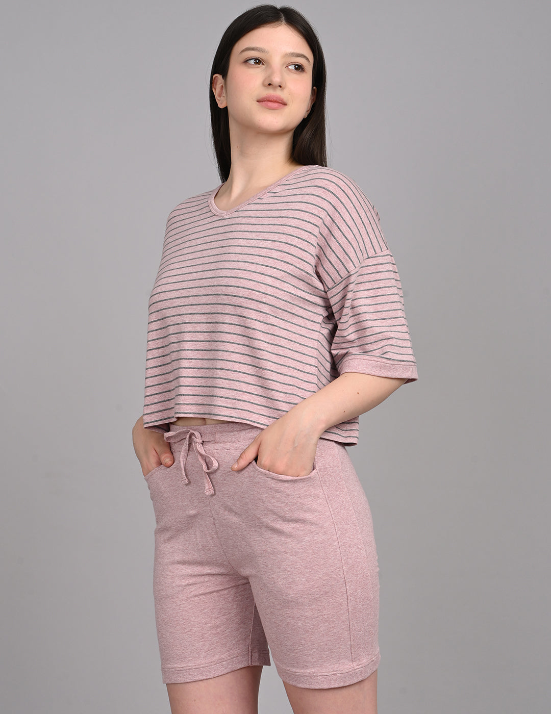 Relaxed Dusty Rose Striped Cotton Lounge Co-ord Set
