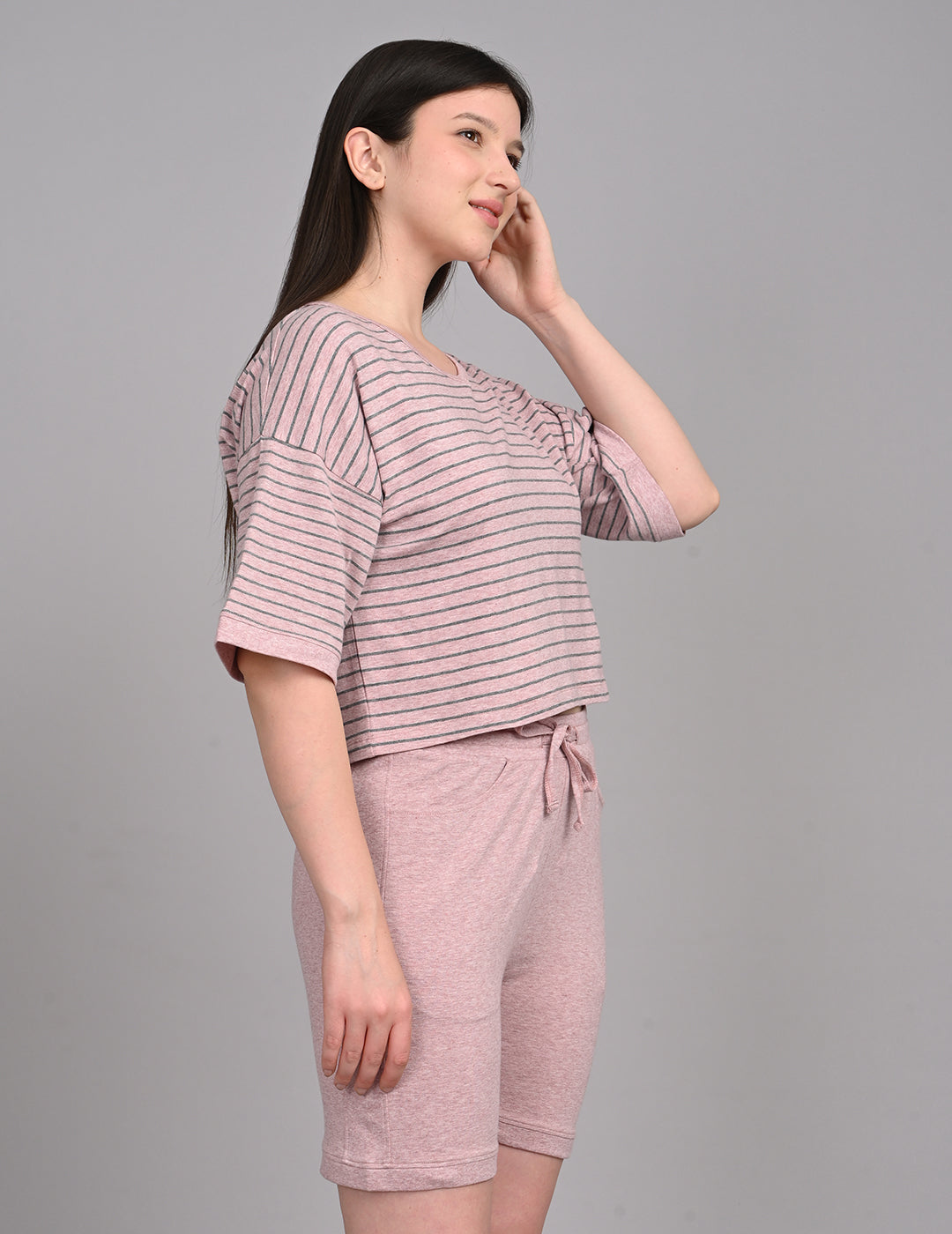Relaxed Dusty Rose Striped Cotton Lounge Co-ord Set