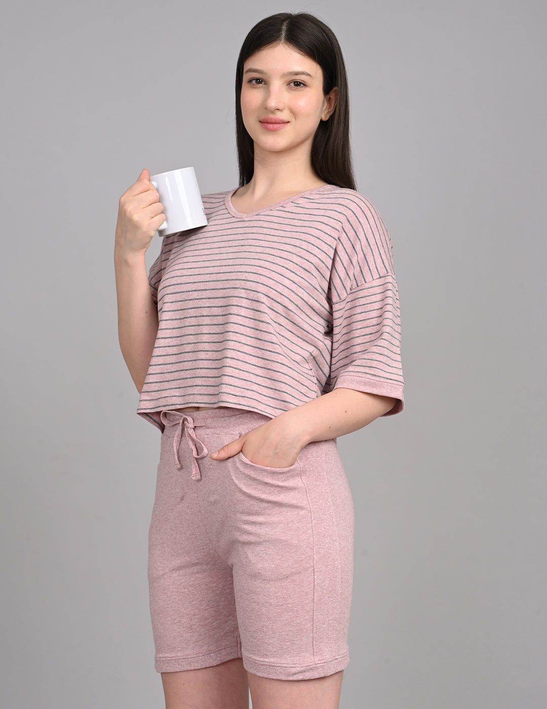 Relaxed Dusty Rose Striped Cotton Lounge Co-ord Set