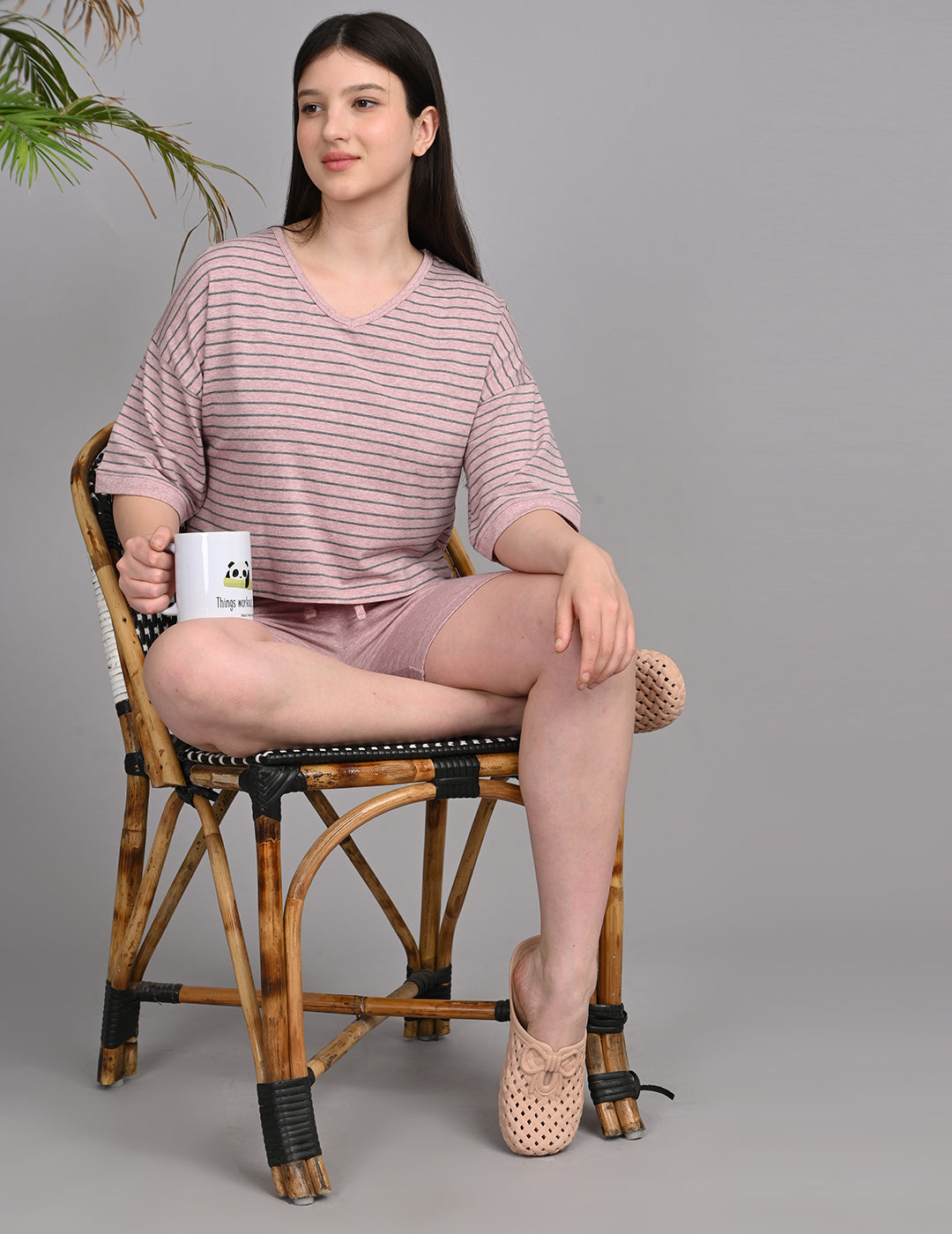 Relaxed Dusty Rose Striped Cotton Lounge Co-ord Set