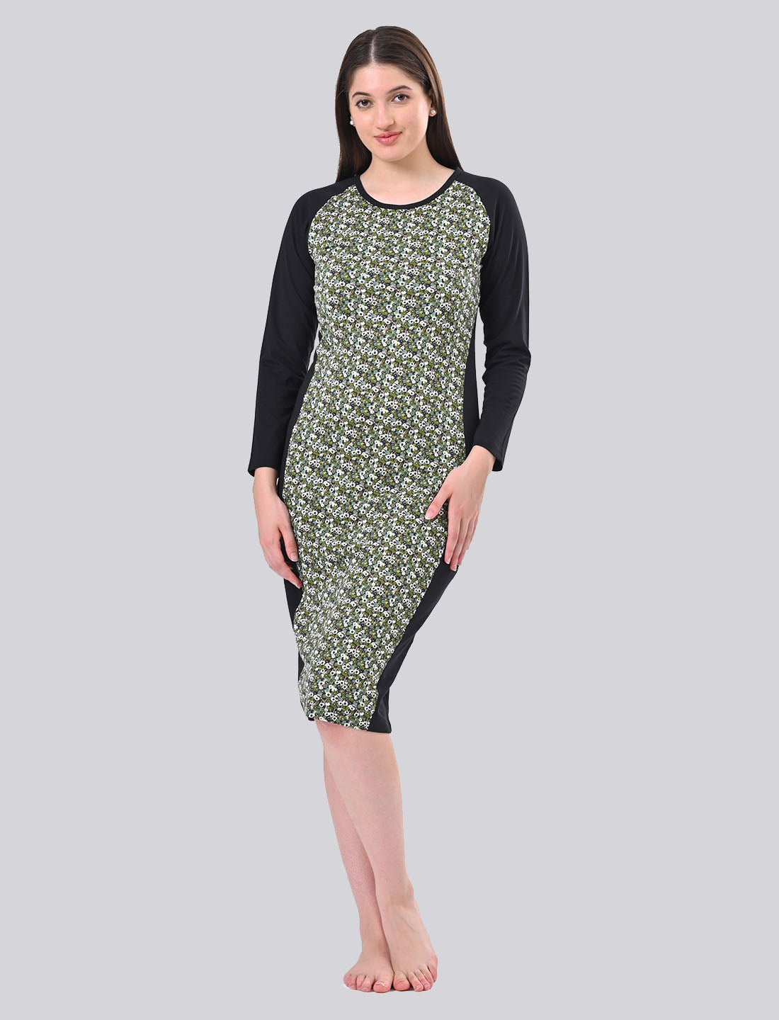 Women's Long Sleeve Floral Print Colorblock Bodycon Midi Dress