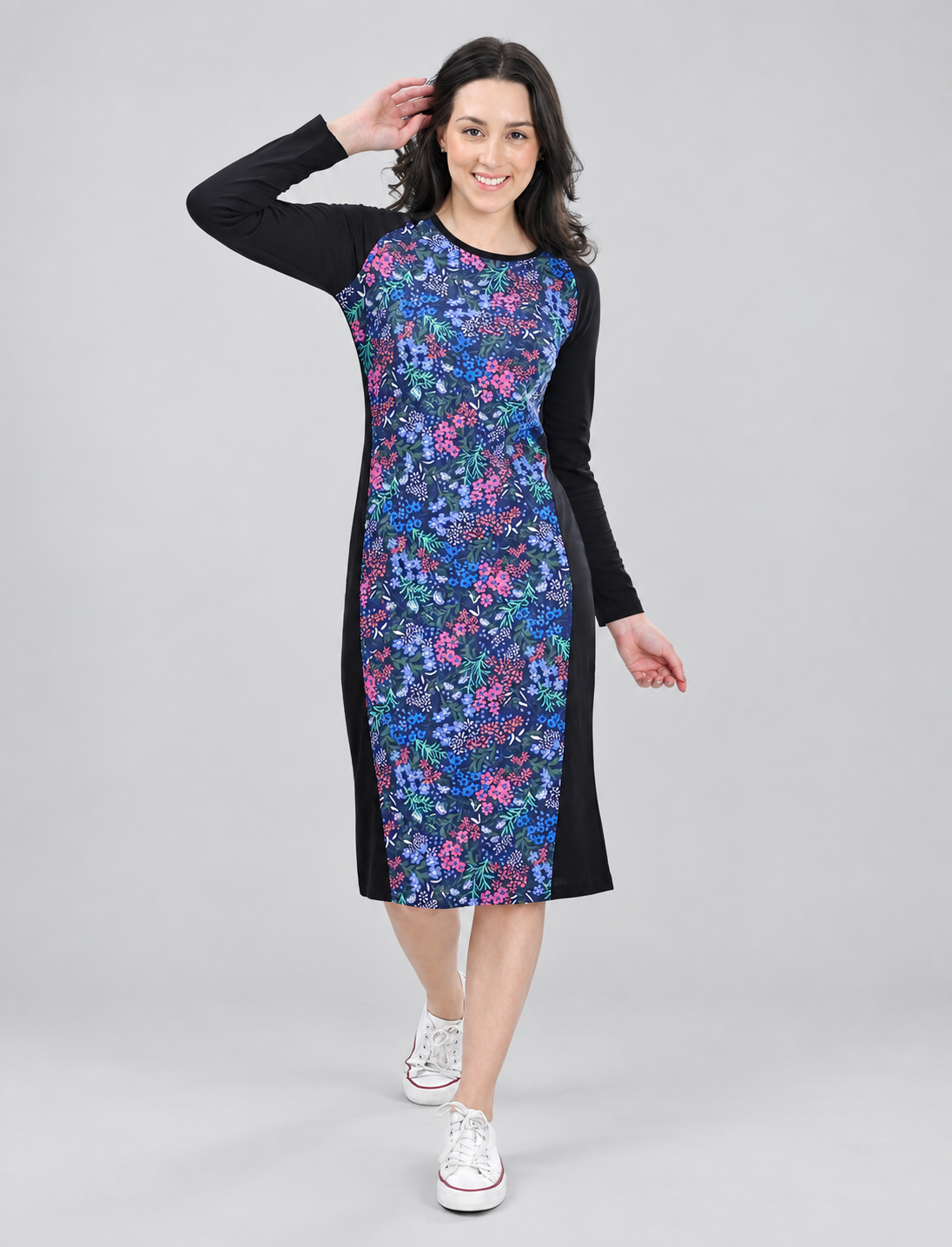 Women's Long Sleeve Floral Print Colorblock Bodycon Midi Dress